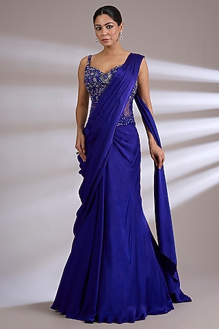 Blue Satin Georgette Skirt Saree Set by Jayesh & Kaajal Shah