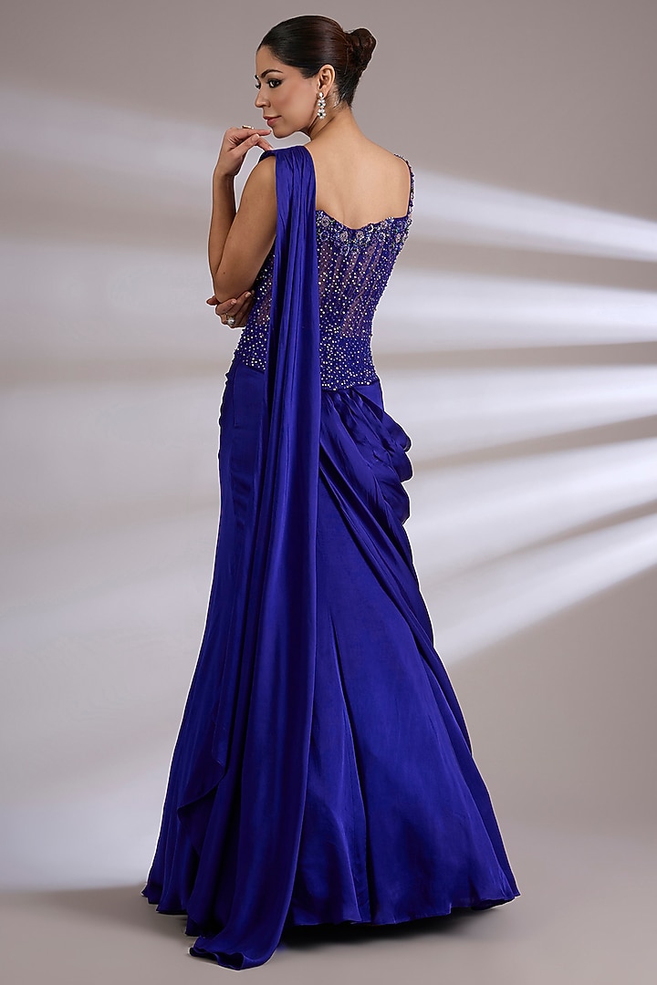 Blue Satin Georgette Skirt Wedding Saree Set by Jayesh & Kaajal Shah at Pernia's Pop Up Shop