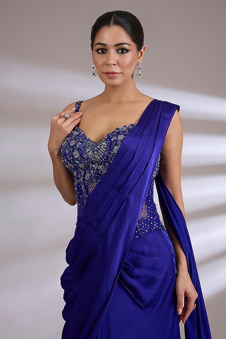 Blue Satin Georgette Skirt Wedding Saree Set by Jayesh & Kaajal Shah at Pernia's Pop Up Shop