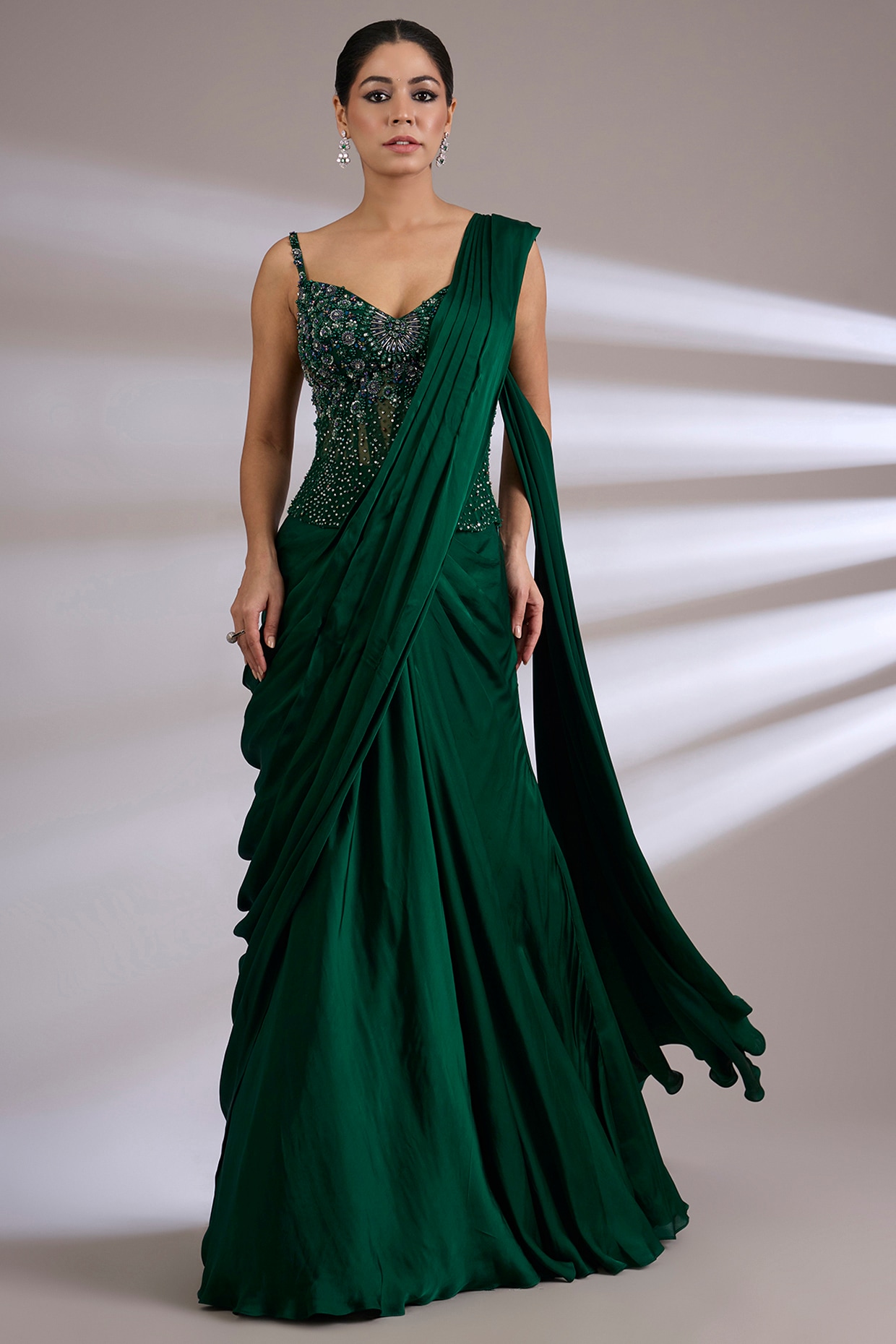 Jayesh & Kaajal Shah Emerald Green Satin Georgette Skirt Saree Set