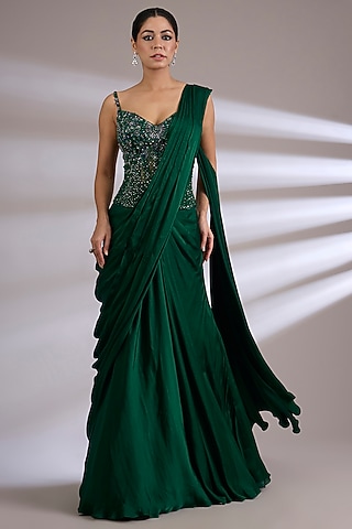 Emerald Green Satin Georgette Skirt Saree Set by Jayesh & Kaajal Shah