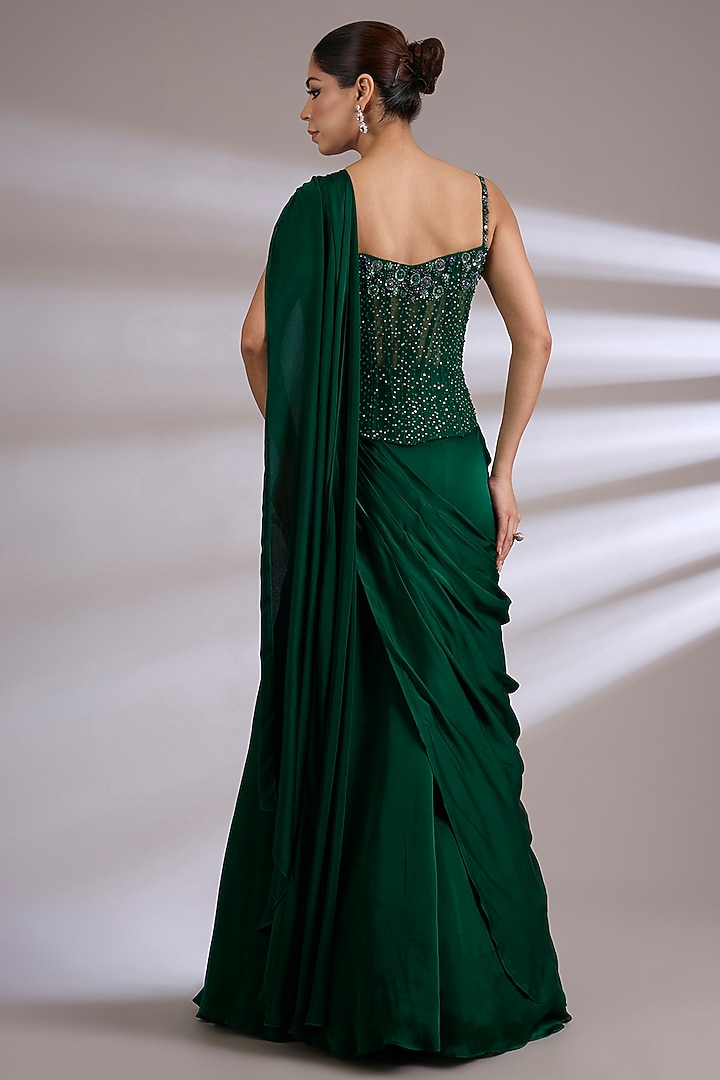 Emerald Green Satin Georgette Skirt Wedding Saree Set by Jayesh & Kaajal Shah at Pernia's Pop Up Shop