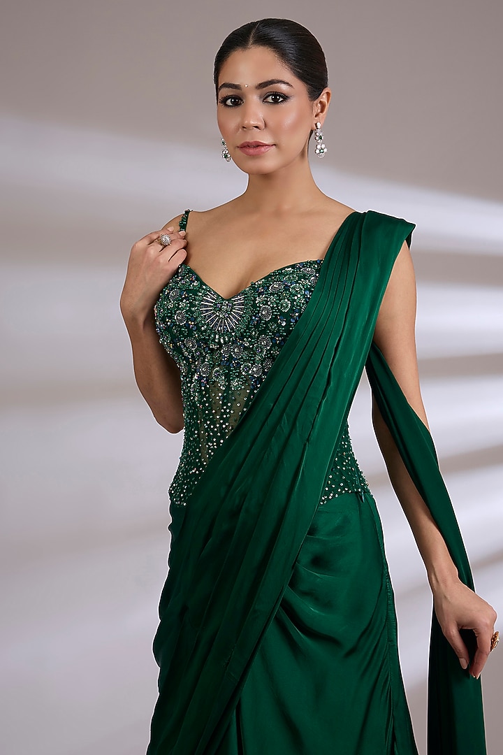 Emerald Green Satin Georgette Skirt Wedding Saree Set by Jayesh & Kaajal Shah at Pernia's Pop Up Shop