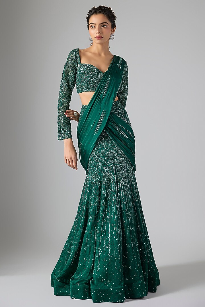 Emerald Green Soft Net & Satin Georgette Draped Reception Lehenga Saree Set by Jayesh & Kajal Shah at Pernia's Pop Up Shop