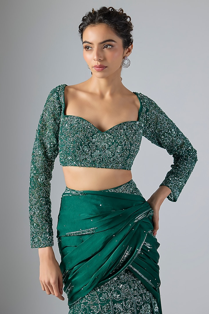 Emerald Green Soft Net & Satin Georgette Draped Reception Lehenga Saree Set by Jayesh & Kaajal Shah at Pernia's Pop Up Shop
