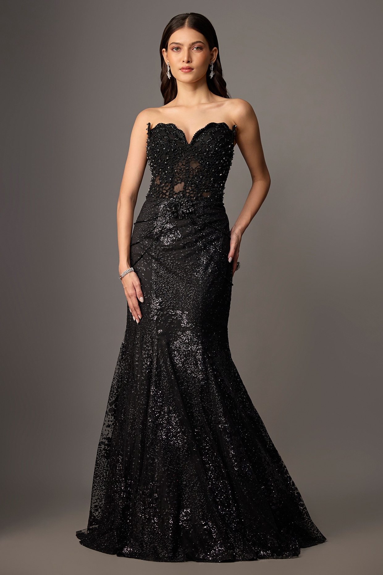 Jayesh & Kaajal Shah Black Net Sequins Hand Embroidered Mermaid Gown