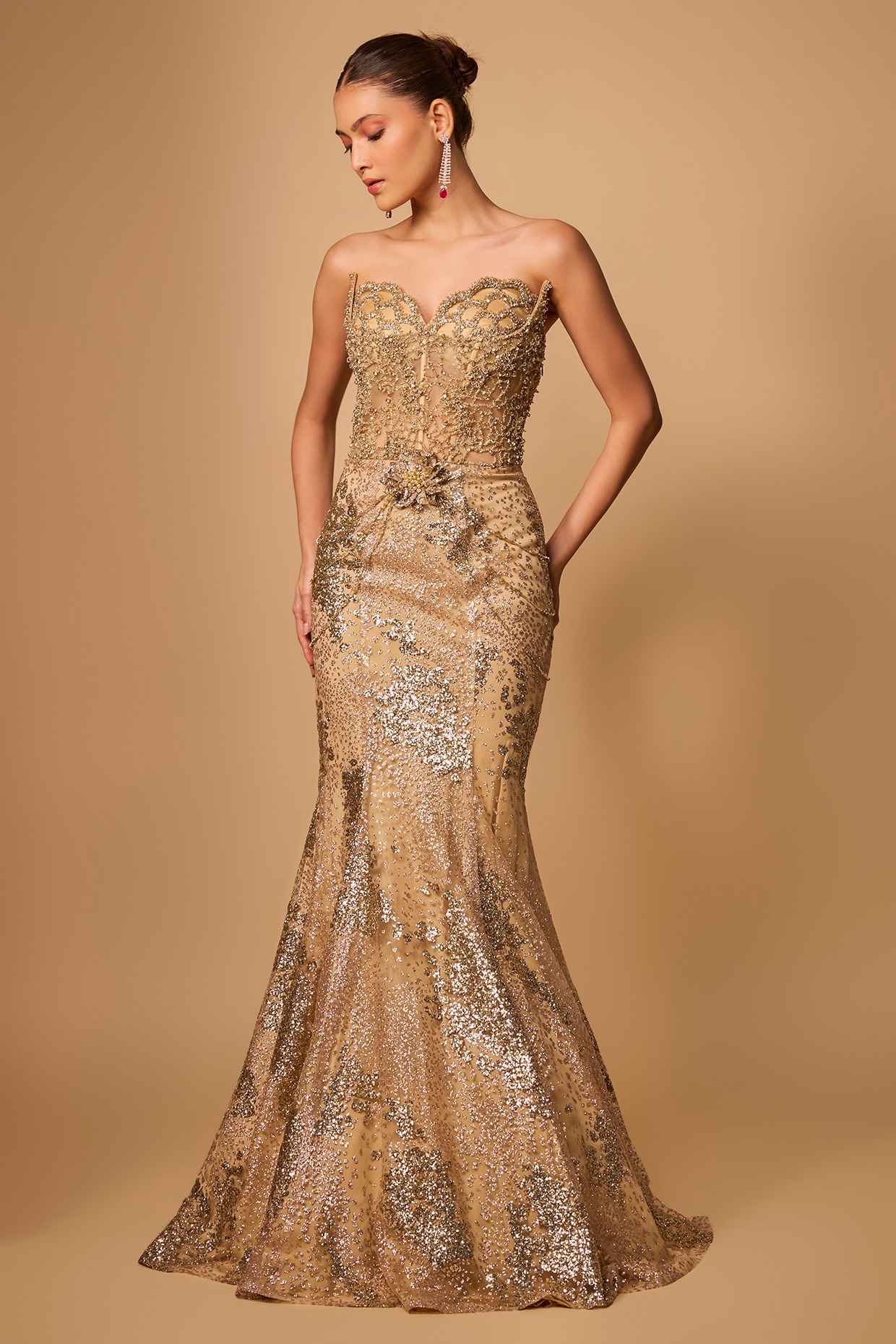 Jayesh & Kaajal Shah Champagne Gold Cotton Satin & Net Gown