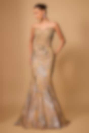 Champagne Gold Cotton Satin & Net Engagement Gown by Jayesh & Kajal Shah at Pernia's Pop Up Shop