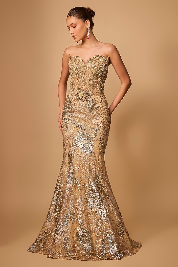 Champagne Gold Cotton Satin & Net Engagement Gown by Jayesh & Kajal Shah at Pernia's Pop Up Shop