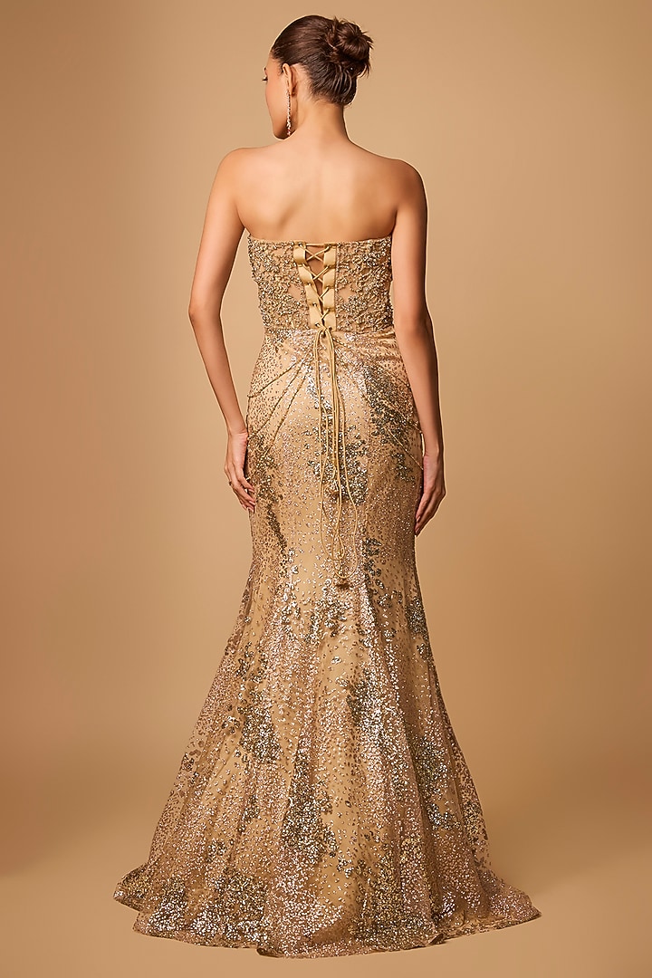 Champagne Gold Cotton Satin & Net Engagement Gown by Jayesh & Kaajal Shah at Pernia's Pop Up Shop