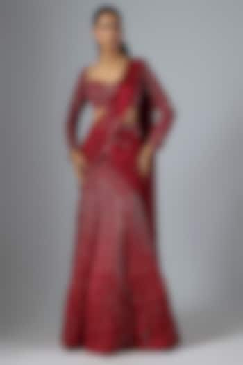 Red Soft Net & Satin Georgette Draped Reception Lehenga Saree Set by Jayesh & Kajal Shah at Pernia's Pop Up Shop