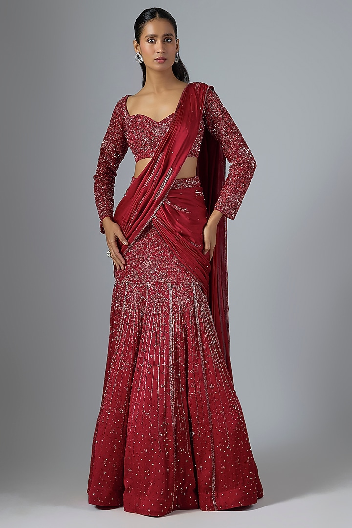 Red Soft Net & Satin Georgette Draped Reception Lehenga Saree Set by Jayesh & Kajal Shah at Pernia's Pop Up Shop
