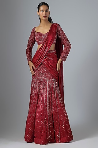 Red Soft Net & Satin Georgette Draped Lehenga Saree Set by Jayesh & Kaajal Shah