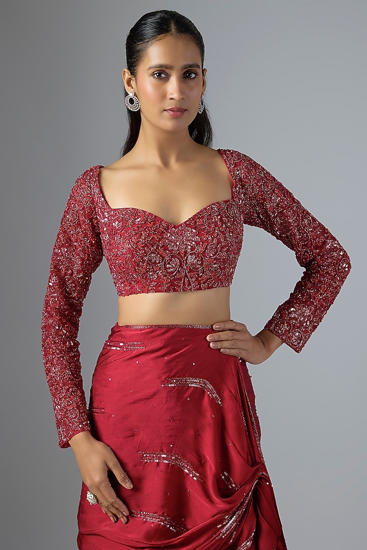 Red Soft Net & Satin Georgette Draped Reception Lehenga Saree Set by Jayesh & Kaajal Shah at Pernia's Pop Up Shop