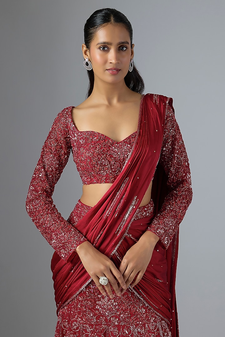 Red Soft Net & Satin Georgette Draped Reception Lehenga Saree Set by Jayesh & Kaajal Shah at Pernia's Pop Up Shop