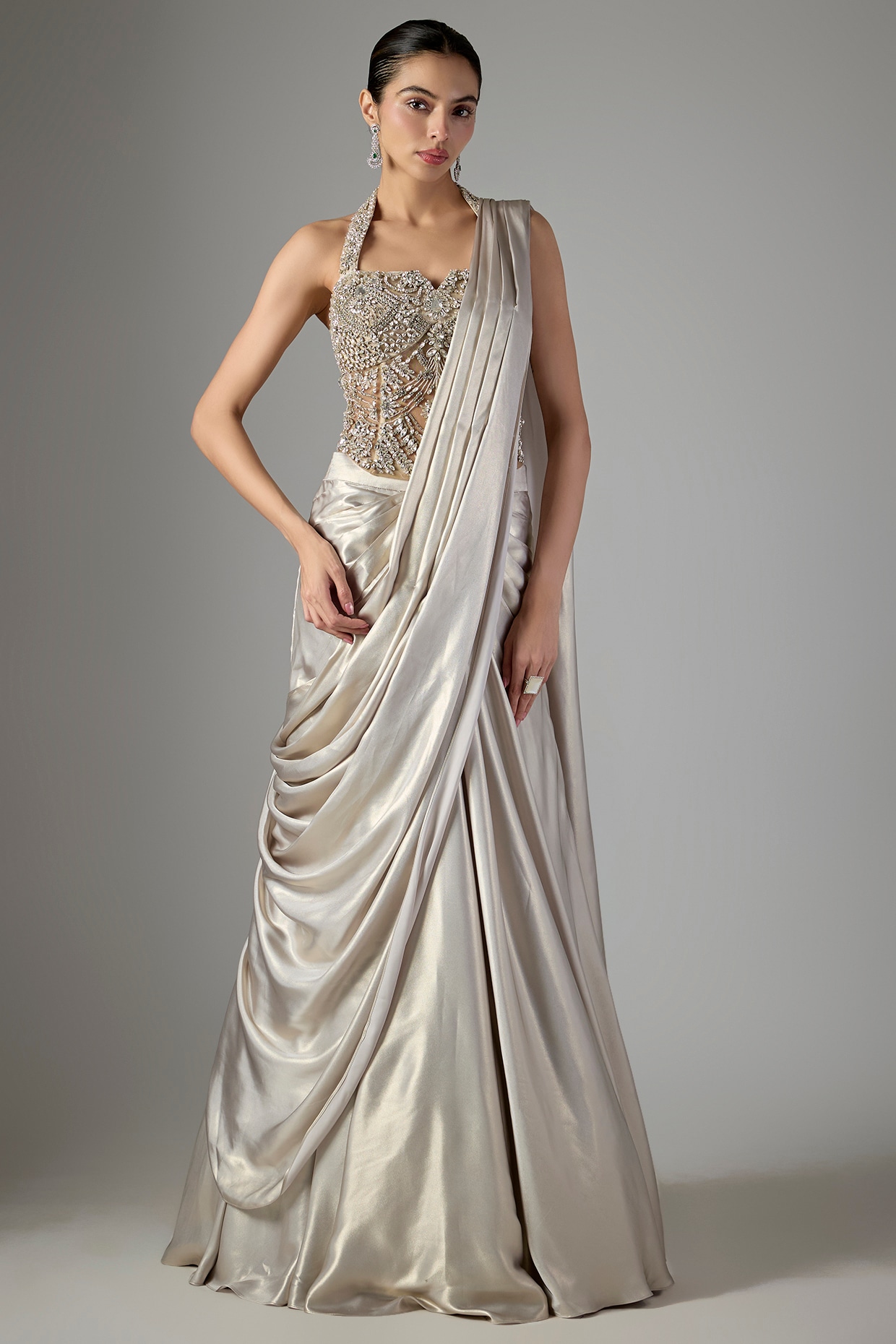 Jayesh & Kaajal Shah Light Grey Soft Net & Hard Net Skirt Saree Set