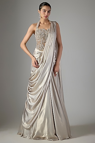 Light Grey Soft Net & Hard Net Skirt Saree Set by Jayesh & Kaajal Shah