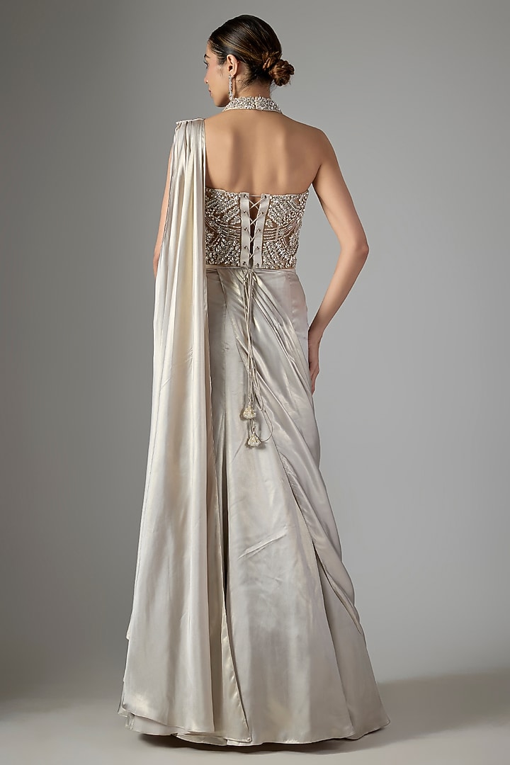 Light Grey Soft Net & Hard Net Skirt Wedding Saree Set by Jayesh & Kaajal Shah at Pernia's Pop Up Shop