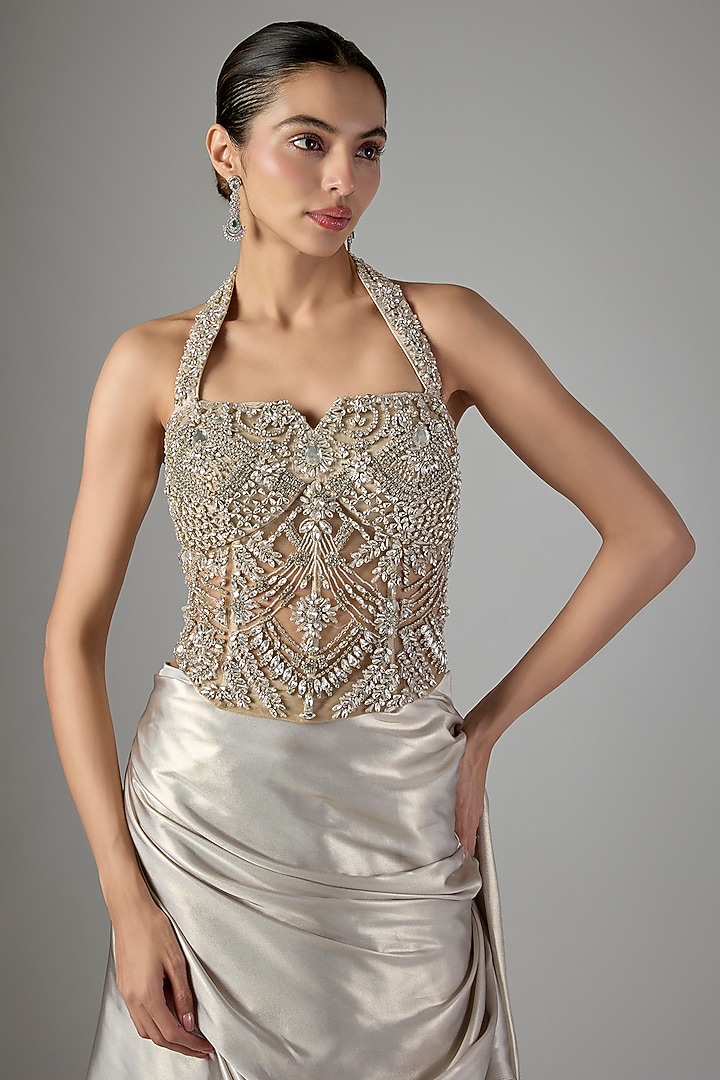 Light Grey Soft Net & Hard Net Skirt Wedding Saree Set by Jayesh & Kaajal Shah at Pernia's Pop Up Shop