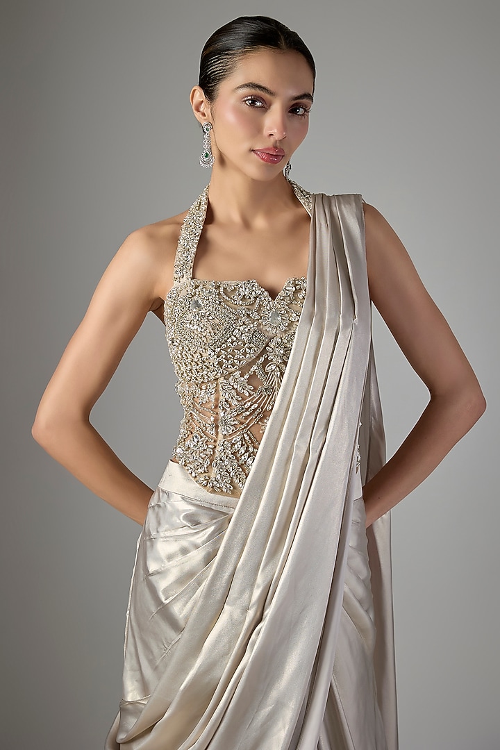Light Grey Soft Net & Hard Net Skirt Wedding Saree Set by Jayesh & Kaajal Shah at Pernia's Pop Up Shop