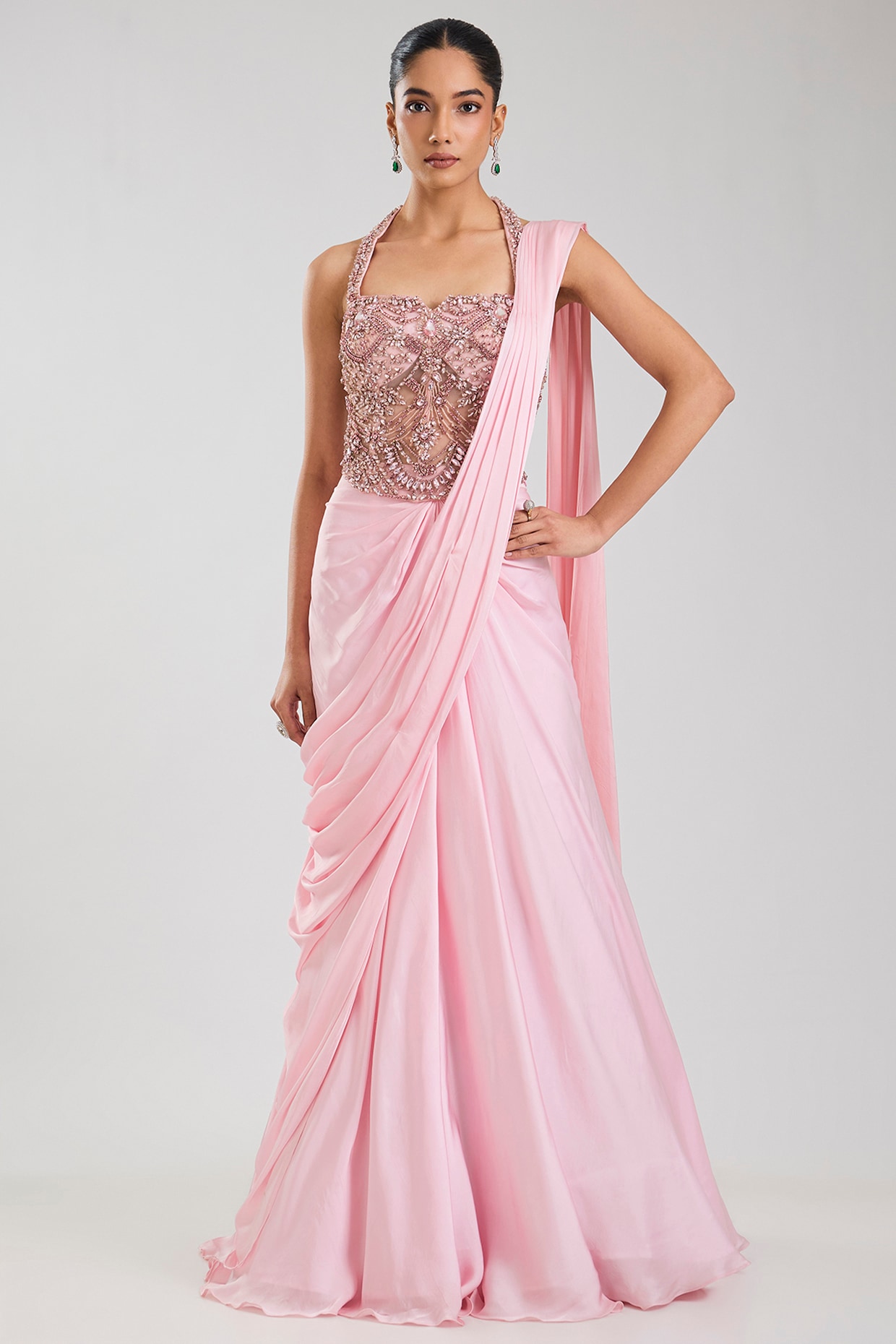 Jayesh & Kaajal Shah Blush Pink Net Embellished Skirt Saree Set
