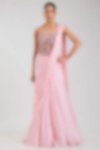 Blush Pink Net Embellished Skirt Wedding Saree Set by Jayesh & Kaajal Shah at Pernia's Pop Up Shop