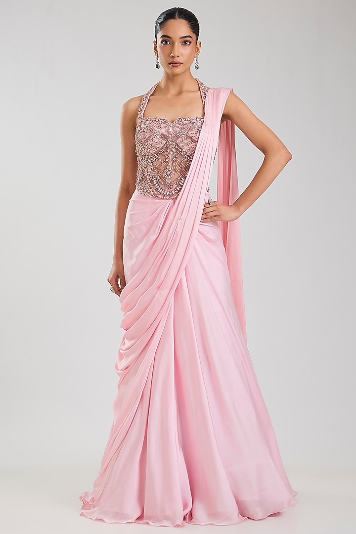 Blush Pink Net Embellished Skirt Wedding Saree Set by Jayesh & Kaajal Shah at Pernia's Pop Up Shop