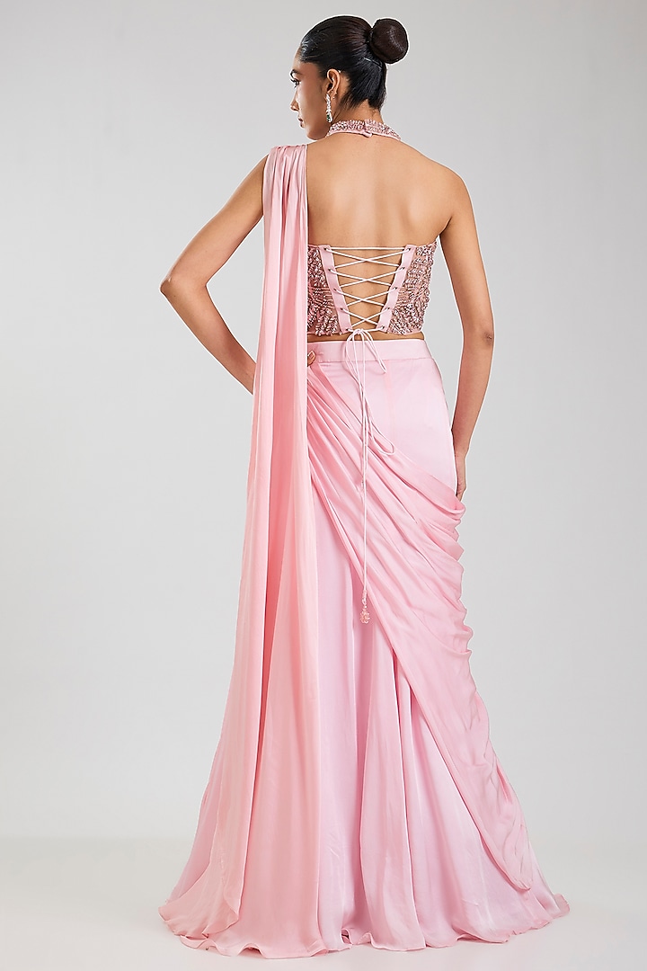 Blush Pink Net Embellished Skirt Wedding Saree Set by Jayesh & Kaajal Shah at Pernia's Pop Up Shop