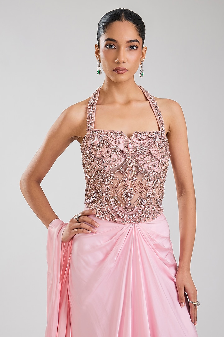 Blush Pink Net Embellished Skirt Wedding Saree Set by Jayesh & Kaajal Shah at Pernia's Pop Up Shop
