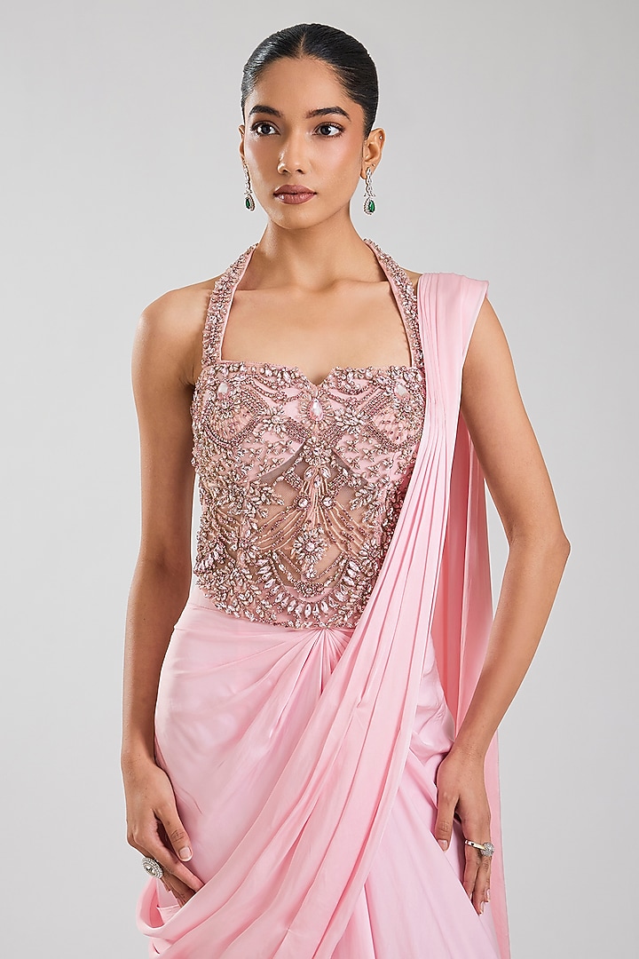 Blush Pink Net Embellished Skirt Wedding Saree Set by Jayesh & Kaajal Shah at Pernia's Pop Up Shop