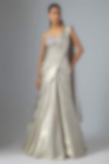 Grey Soft Net & Fabric Draped Wedding Lehenga Saree Set by Jayesh & Kajal Shah at Pernia's Pop Up Shop