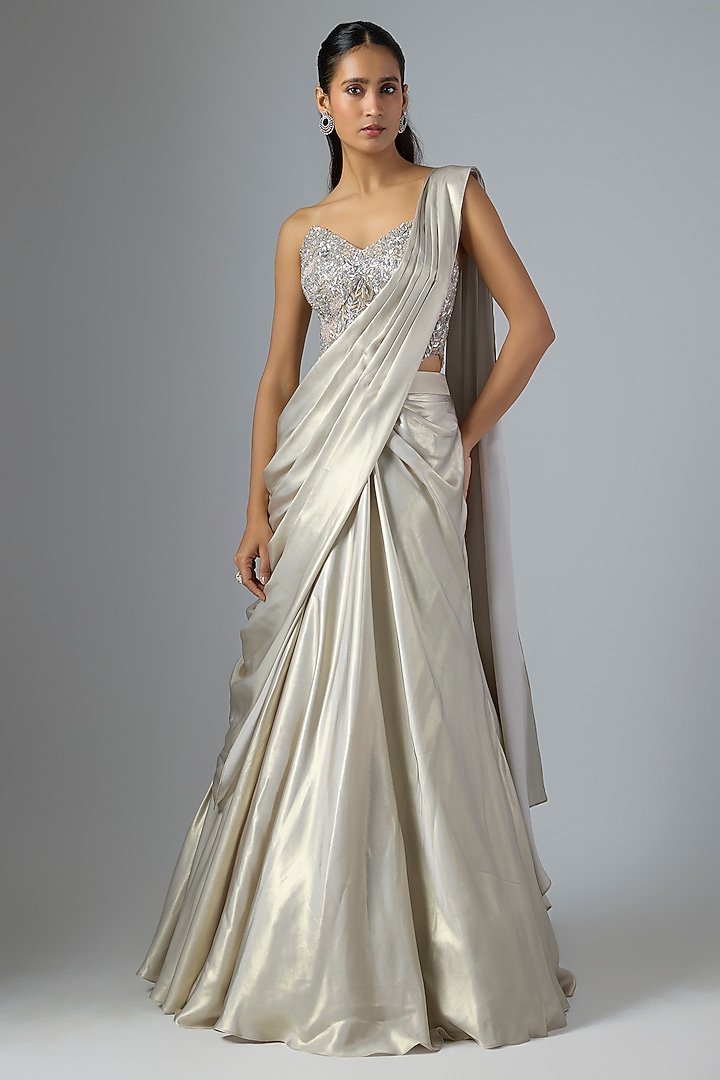 Grey Soft Net & Fabric Draped Wedding Lehenga Saree Set by Jayesh & Kajal Shah at Pernia's Pop Up Shop