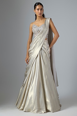 Grey Soft Net & Fabric Draped Lehenga Saree Set by Jayesh & Kaajal Shah
