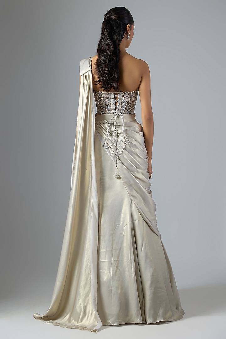 Grey Soft Net & Fabric Draped Wedding Lehenga Saree Set by Jayesh & Kaajal Shah at Pernia's Pop Up Shop