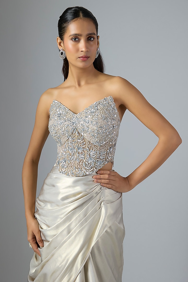 Grey Soft Net & Fabric Draped Wedding Lehenga Saree Set by Jayesh & Kaajal Shah at Pernia's Pop Up Shop