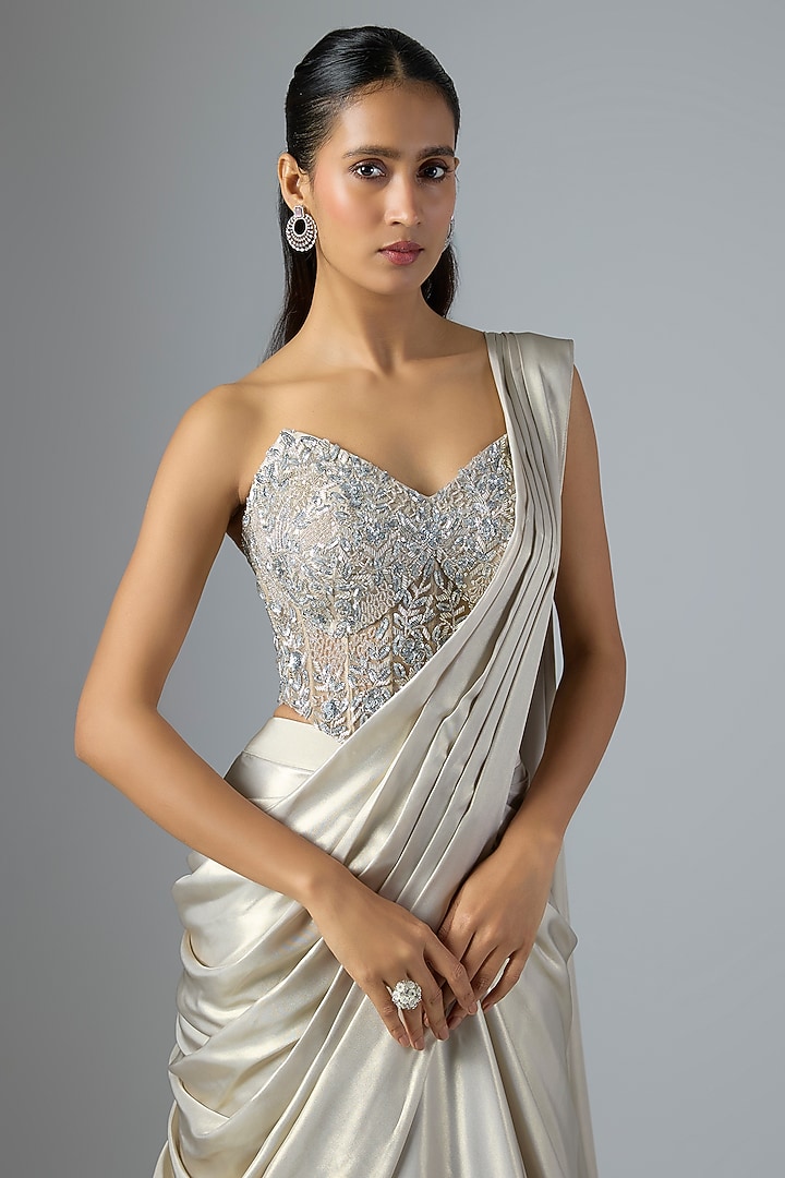 Grey Soft Net & Fabric Draped Wedding Lehenga Saree Set by Jayesh & Kaajal Shah at Pernia's Pop Up Shop