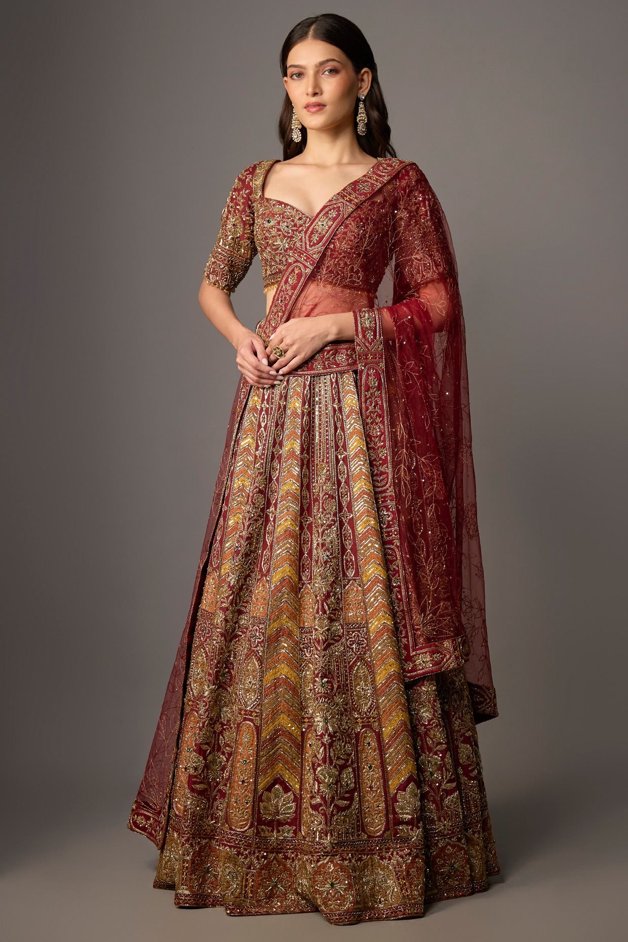 Jayesh & Kaajal Shah Maroon Silk Gold Embroidered Lehenga Set