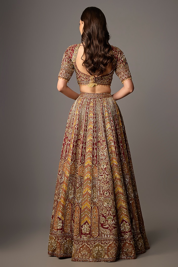 Maroon Silk Gold Embroidered Bridal Lehenga Set by Jayesh & Kaajal Shah at Pernia's Pop Up Shop