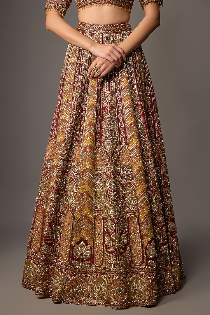 Maroon Silk Gold Embroidered Bridal Lehenga Set by Jayesh & Kaajal Shah at Pernia's Pop Up Shop