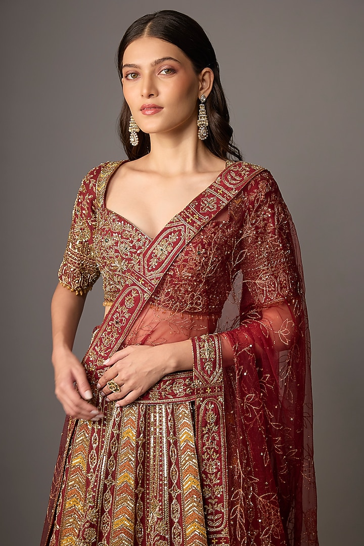 Maroon Silk Gold Embroidered Bridal Lehenga Set by Jayesh & Kaajal Shah at Pernia's Pop Up Shop