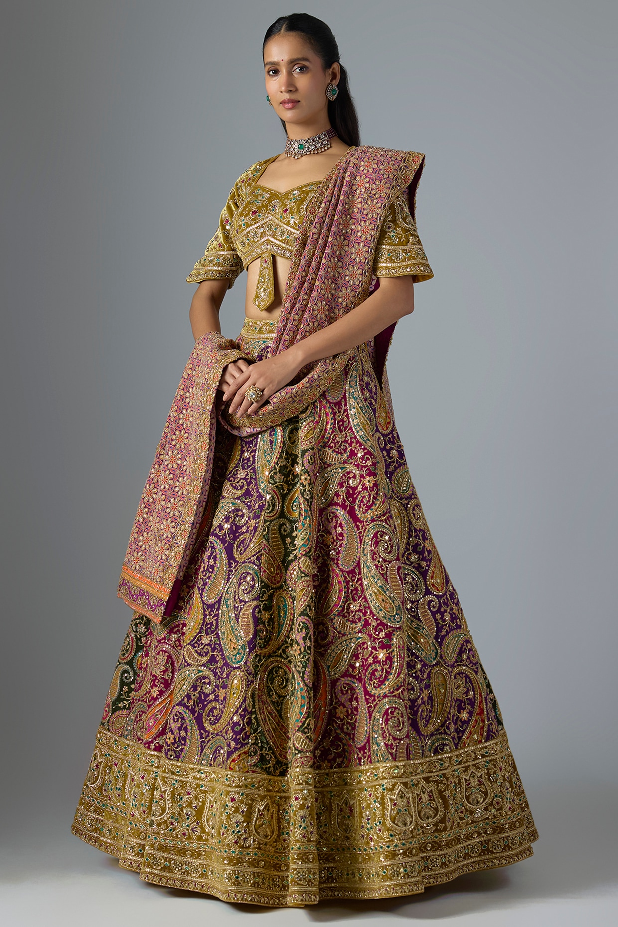 Jayesh & Kaajal Shah Multi-Colored Velvet Lehenga Set