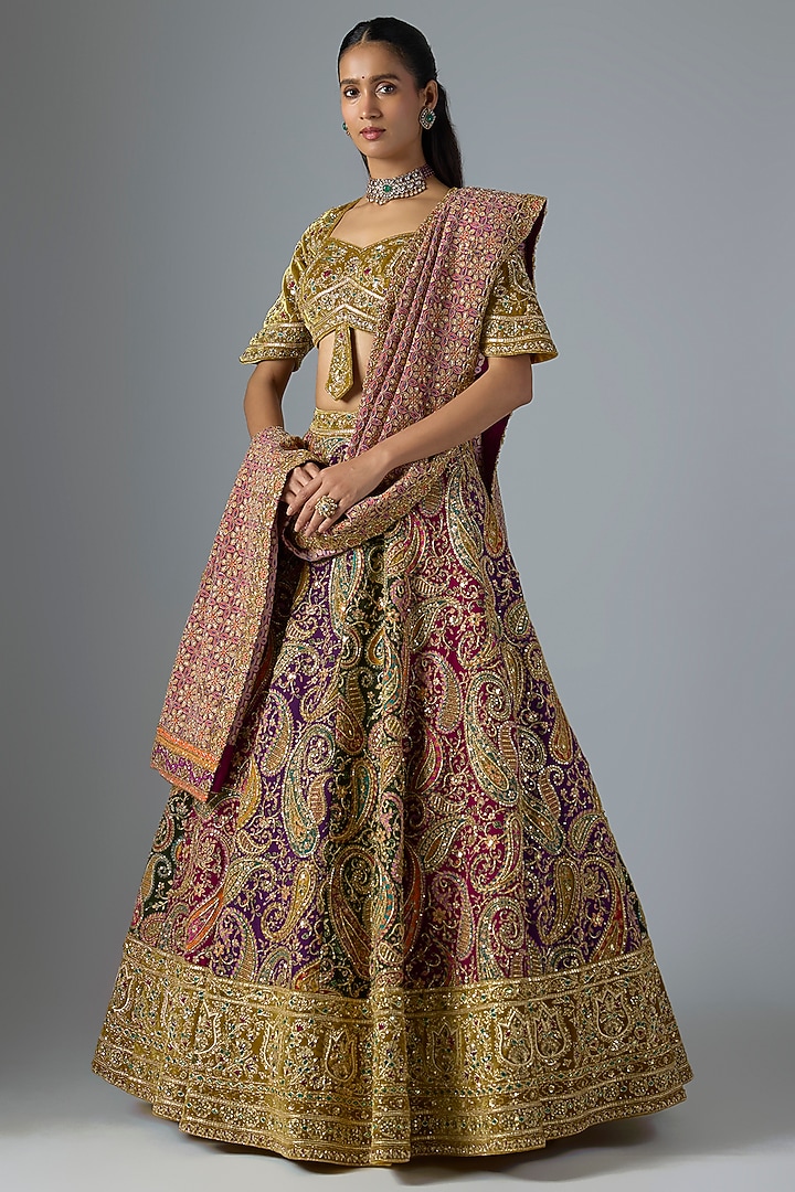 Multi-Colored Velvet Bridal Lehenga Set by Jayesh & Kajal Shah at Pernia's Pop Up Shop