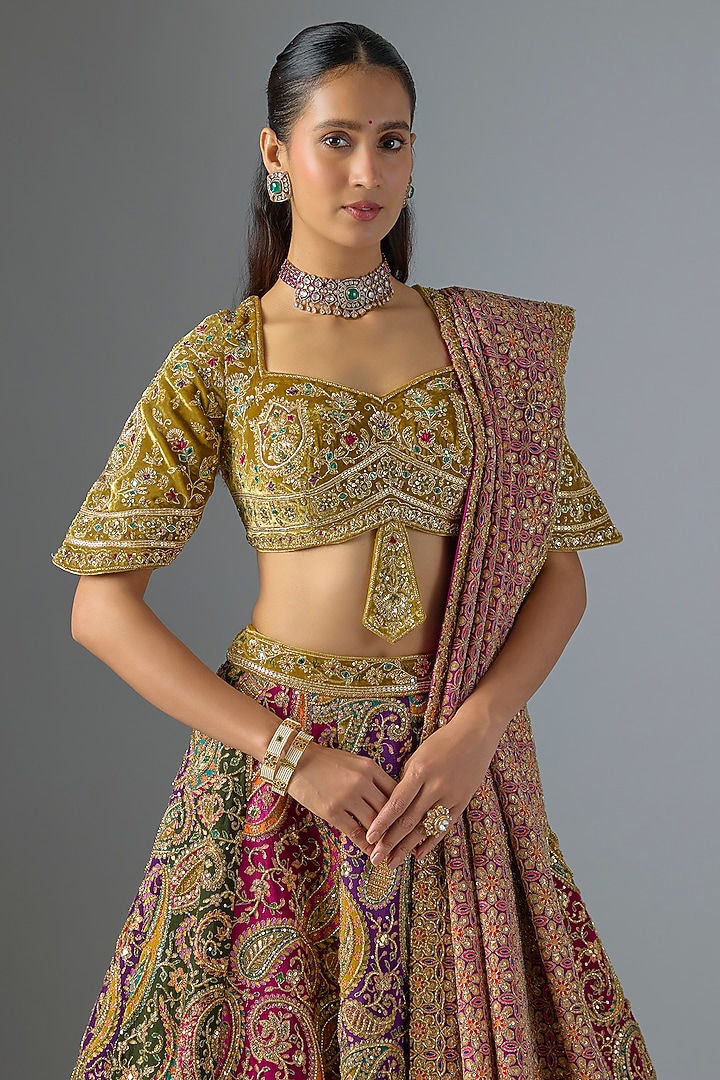 Multi-Colored Velvet Bridal Lehenga Set by Jayesh & Kaajal Shah at Pernia's Pop Up Shop
