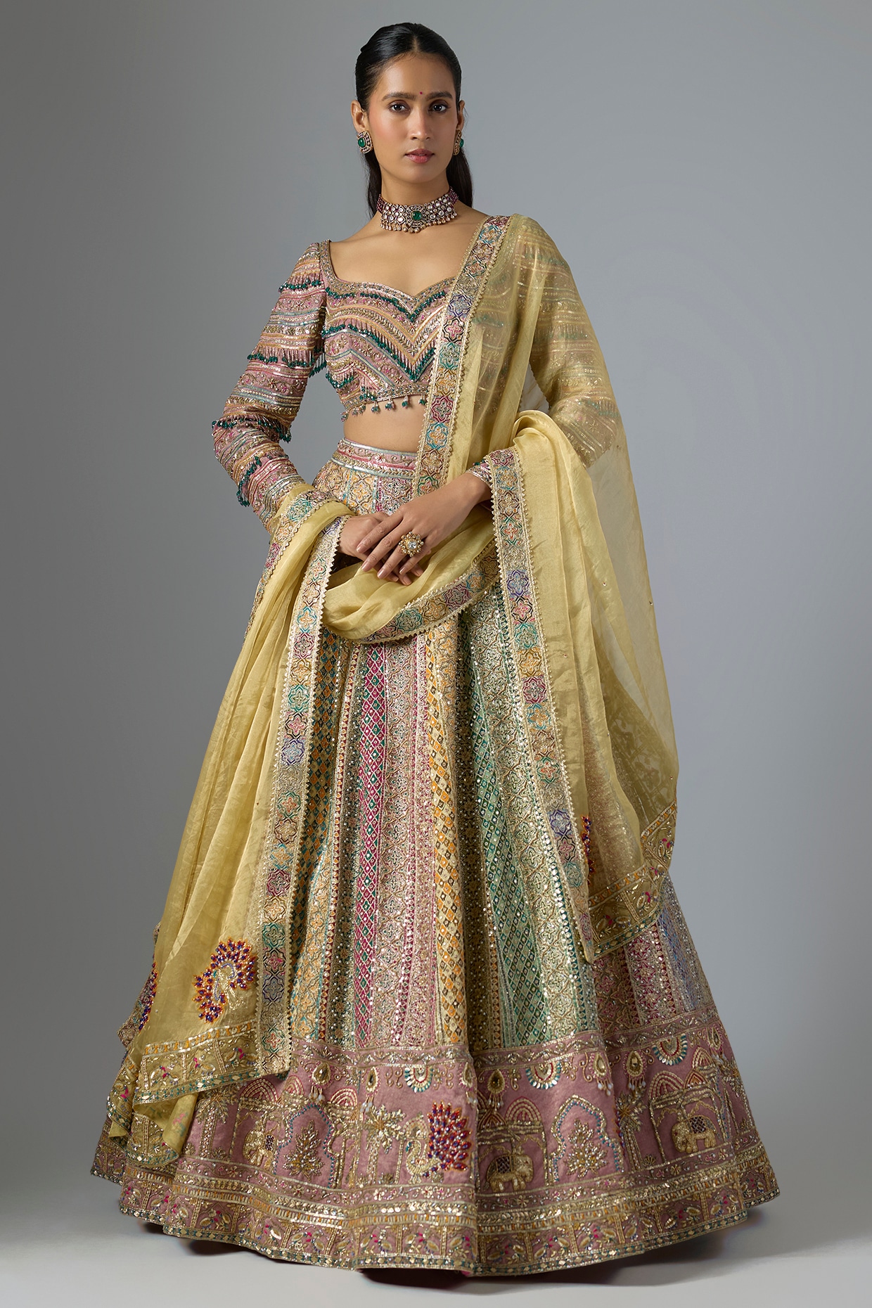Jayesh & Kaajal Shah Multi-Colored Organza & Tissue Lehenga Set