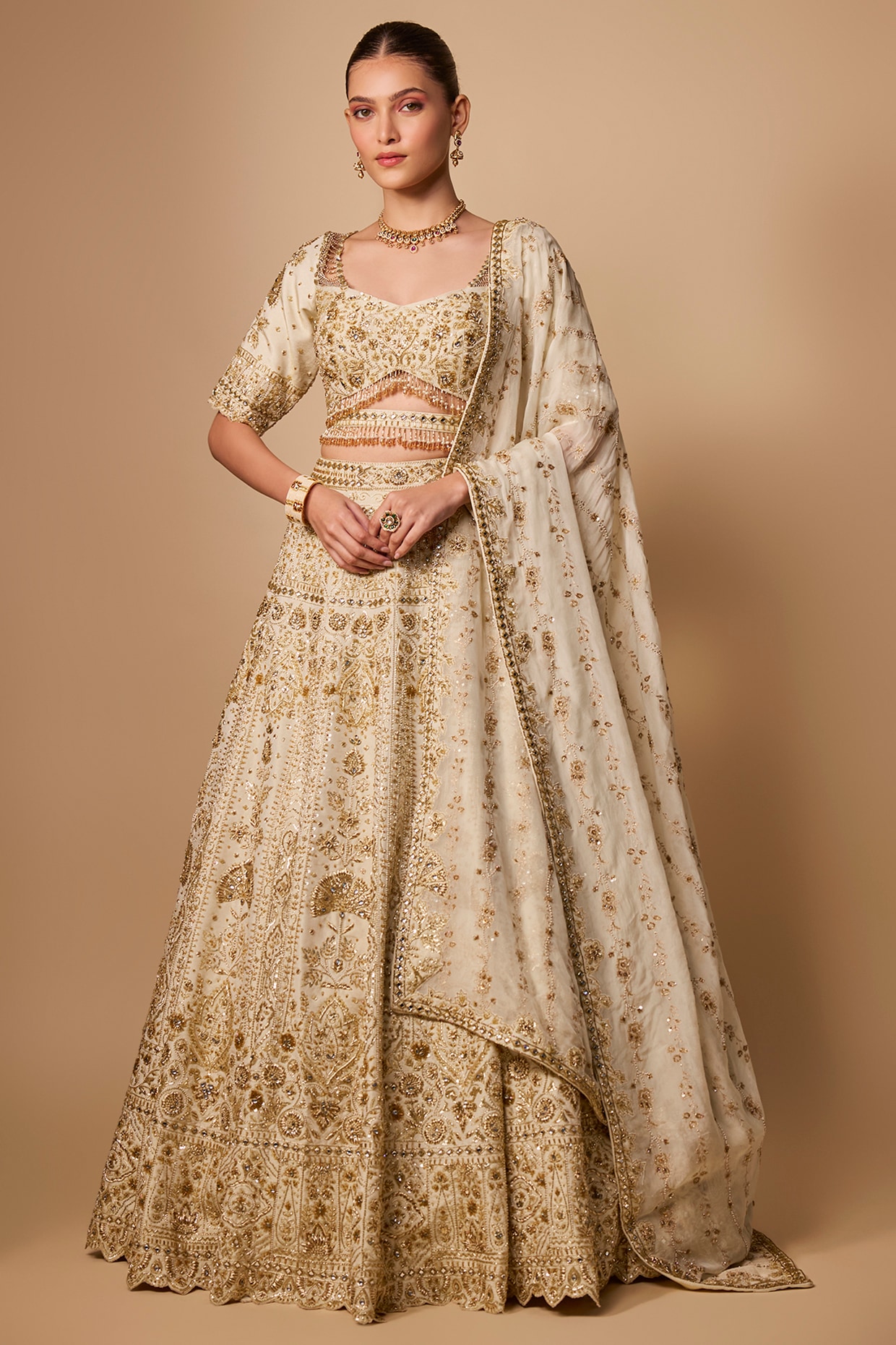 Jayesh & Kaajal Shah Ivory Tissue Lehenga Set