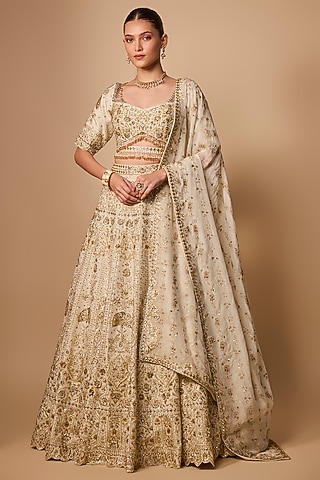 Ivory Tissue Lehenga Set by Jayesh & Kaajal Shah