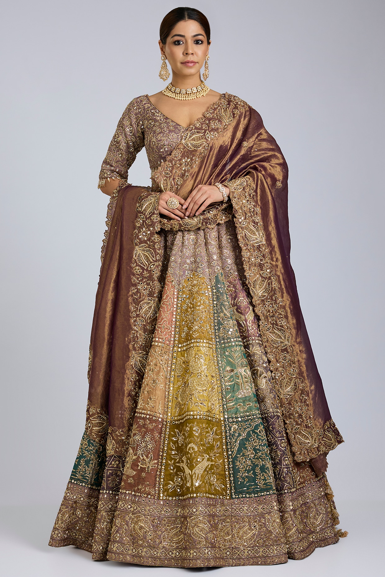 Jayesh & Kaajal Shah Multi-Colored Tissue & Butter Crepe Lehenga Set