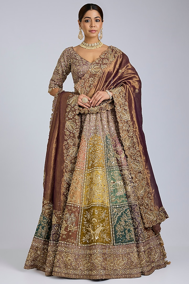 Multi-Colored Tissue & Butter Crepe Bridal Lehenga Set by Jayesh & Kaajal Shah at Pernia's Pop Up Shop