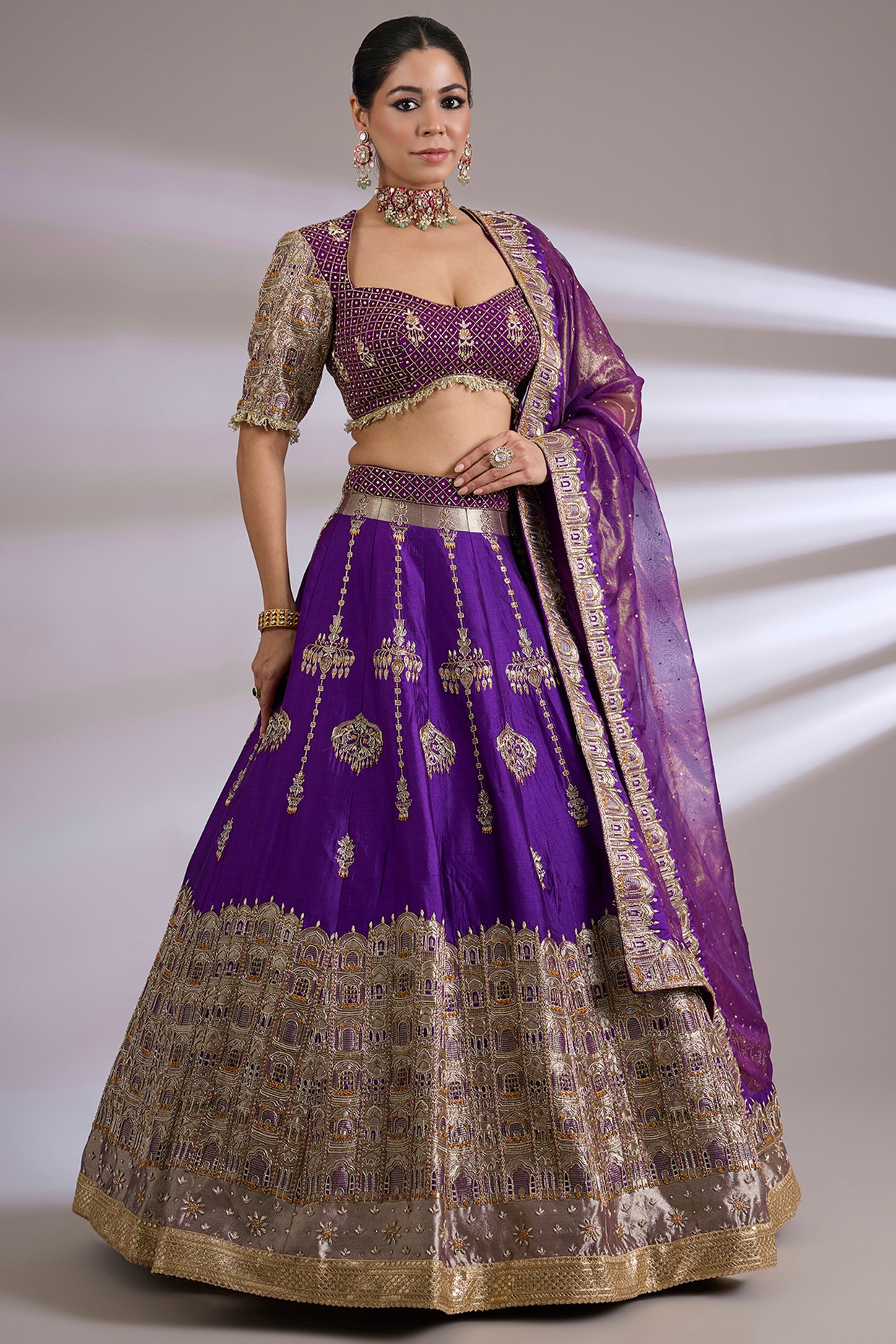 Jayesh & Kaajal Shah Purple Banarasi & Raw Silk Embroidered Lehenga Set