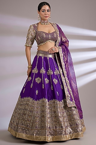 Purple Banarasi & Raw Silk Embroidered Lehenga Set by Jayesh & Kaajal Shah